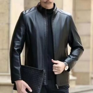 Men's Stand Collar Fleece-Lined Leather Jacket – Middle-Aged Men's Coat