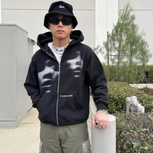Unisex Y2K Zip-Up Hoodie – Loose Korean Style Black Hoodie